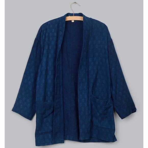 NWT Eileen Fisher Block Printed Organic Cotton Denim Blue Kimono Jacket - Picture 3 of 8